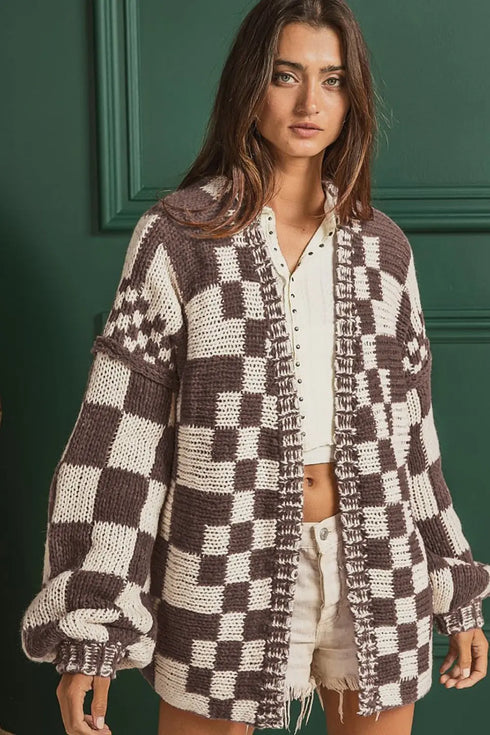 'Celandine' Checkered Drop Shoulder Cardigan - Celes Fashion